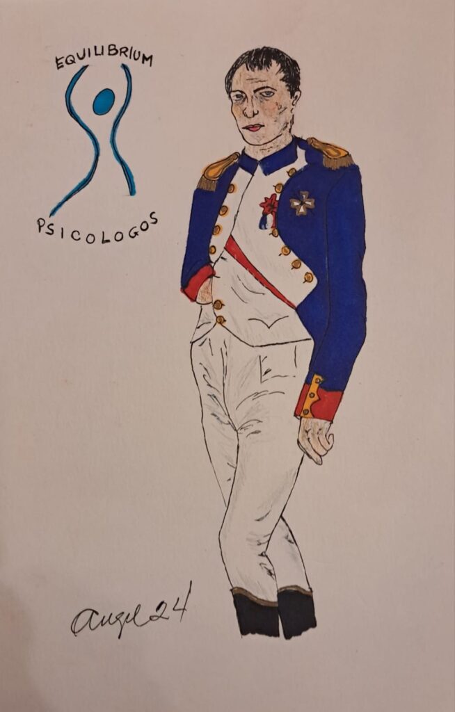 Dibujo de Napoleón en Azul y Uniforme con logo Equilibrium Psicólogos