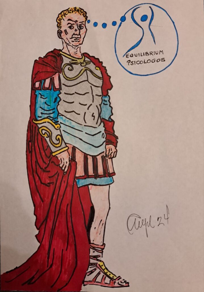 Emperador filósofo Marco Aurelio. Capa roja con corage y postura de fortaleza. Equilibrium Psicólogos