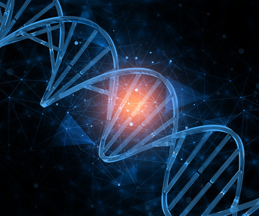 Cadena de ADN en 3D con luz en medio. Para temática de Epigenética