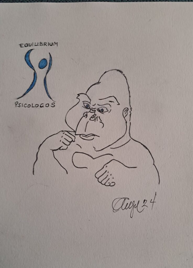 Dibujo de Gorila con templanza y logo Equilibrium Psicólogos