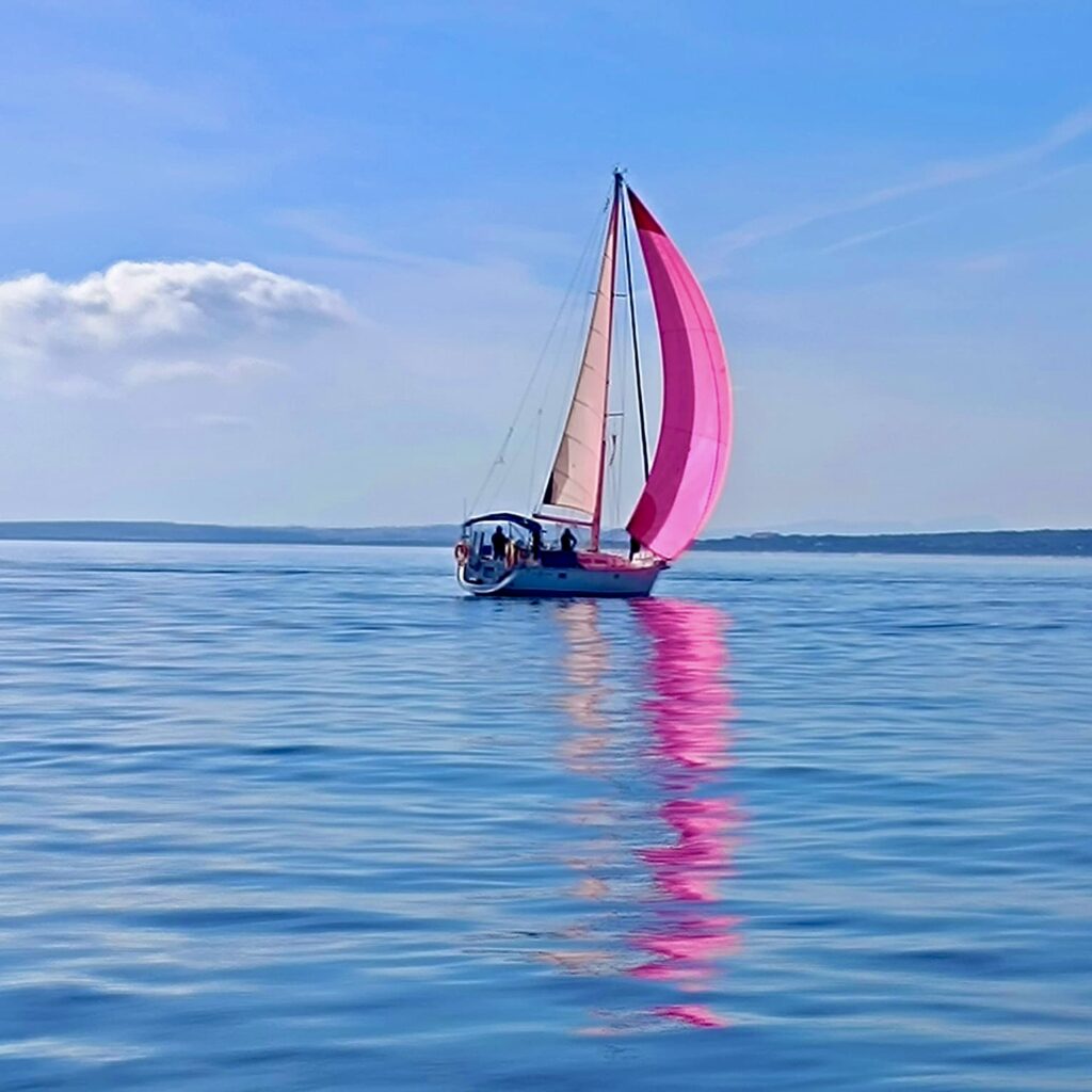Velero reflejado en el agua con vela rosa fucsia.Parecido a pintura Monet. proyecta calma y paz