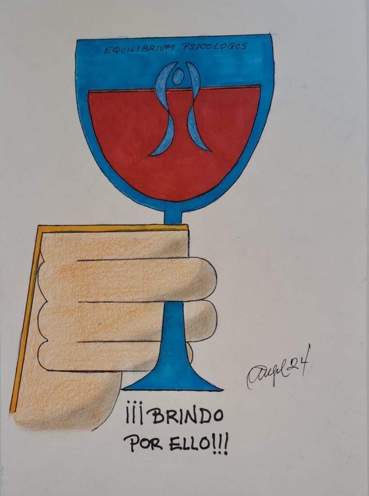Dibujo de una copa de vino con el logo de Equilibrium Psicologos. Copa en color azul como el logo