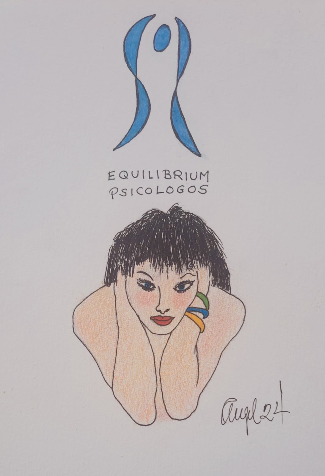 Dibujo de Angel Díez. Una mujer con mirada enigmática con las manos en la cabeza sin saber que hacer, en un momento complicado de su vida. Logo en la parte superior de Equilibrium Psicólogos