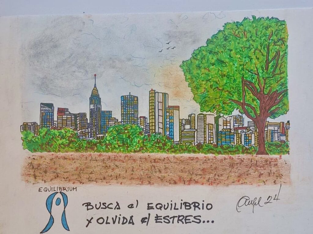 Dibujo de Angel Diez. Manhattan. Aparece un texto que dice "Busca el equilibrio y olvida el estrés" Equilibrium Psicólgoos