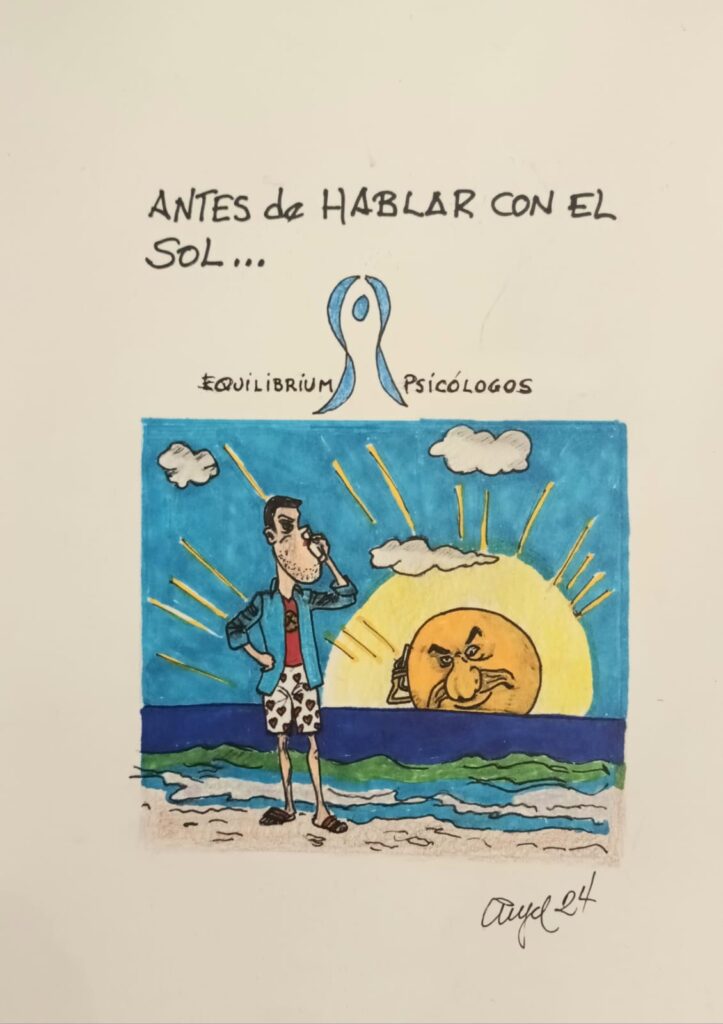 Caricatura de un señor mirando al sol y al cielo realizando una llamada de teléfono. Al fondo, un sol con un teléfono contestando la llamada