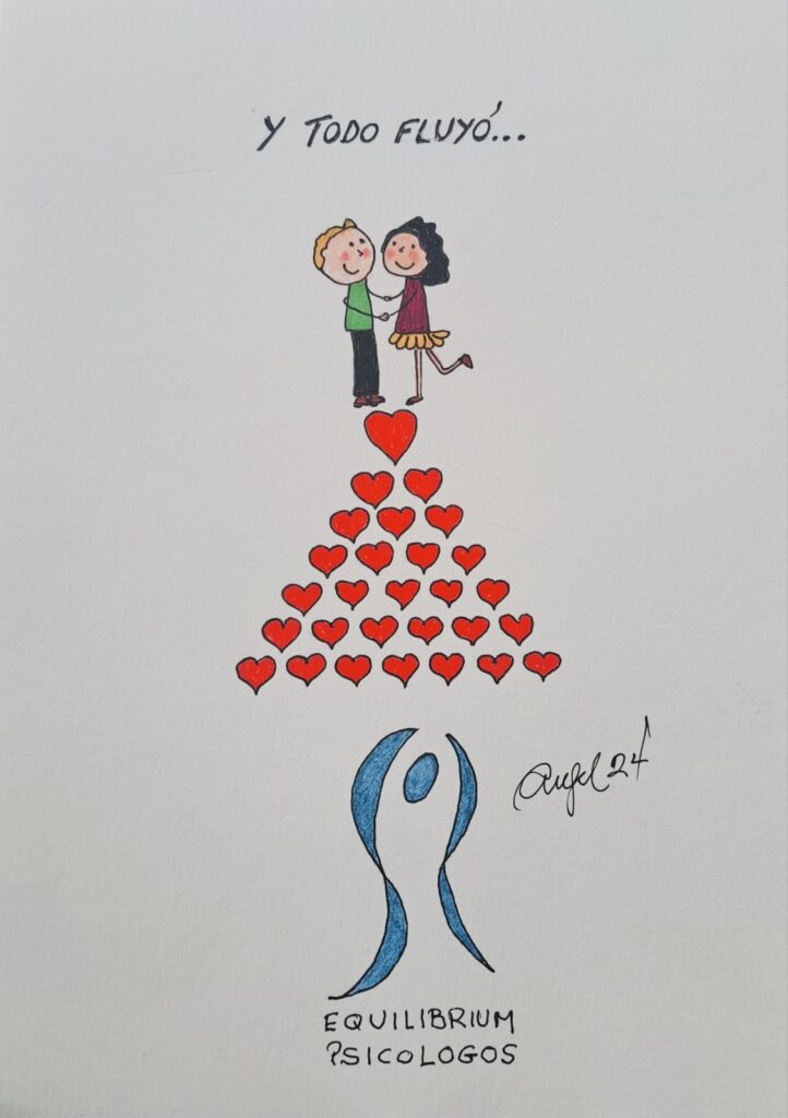 Muchos corazones en forma de pirámide y en la cúspide de la pirámide una mujer y un hombre cogidos de las dos manos sonriendo mirándose a los ojos. Debajo el logo de Equilibrium Psicólogos y una frase que dice: Y todo fluyó!