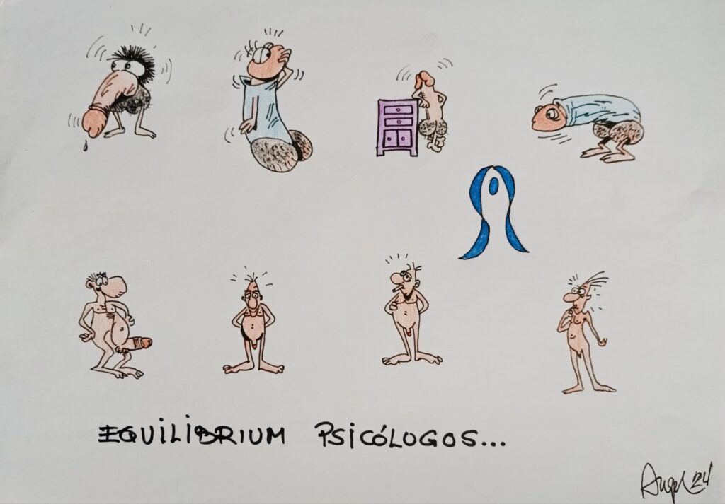 Varios dibujos divertidos con toque erótico, representando diferentes personajes relacionados con su aparato genital. Tiene mucho humor y está representado el problema de la disfunción eréctil desde el tacto y con humor