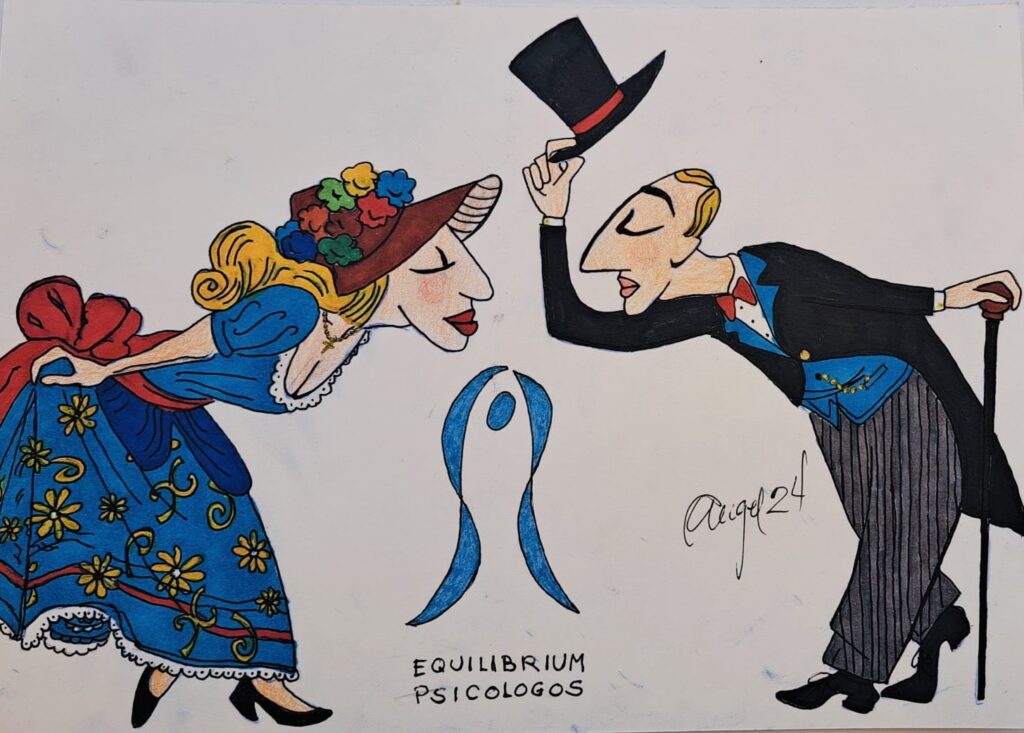 Dibujo de hombre y mujer. el hombre cortejando a la mujer, ambos están realizando una reverencia. Están vestidos elegantes estilo siglo XXI. El va con frac. Al fondo logo equilibrium psicólogos 