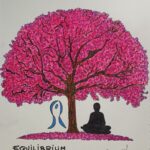 Árbol del Amor. Todo en tono rosa con un Buddha sentado bajo el árbol y el logo de Equilibrium Psicólogos a la izquierda