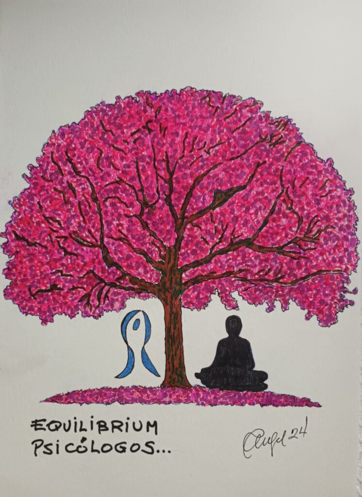 Árbol del Amor. Todo en tono rosa con un Buddha sentado bajo el árbol y el logo de Equilibrium Psicólogos a la izquierda 