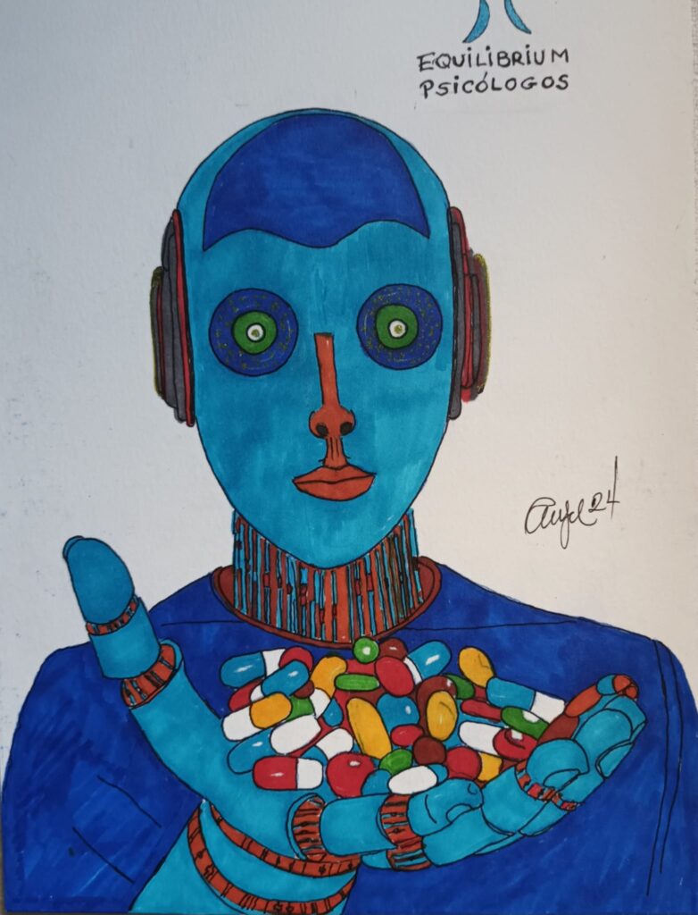 Un hombre robotizado en azul con un puñado de pastillas de diferentes colores