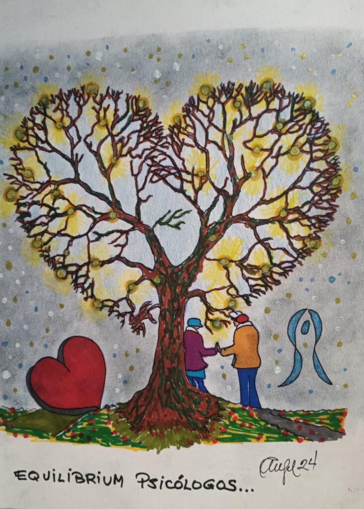 Dibujo muy colorido de un árbol en forma de corazón con dos personas dándose la mano. En la parte inferior izquierda, aparece un corazón en rojo y el icono de Equilibrium Psicólogos 