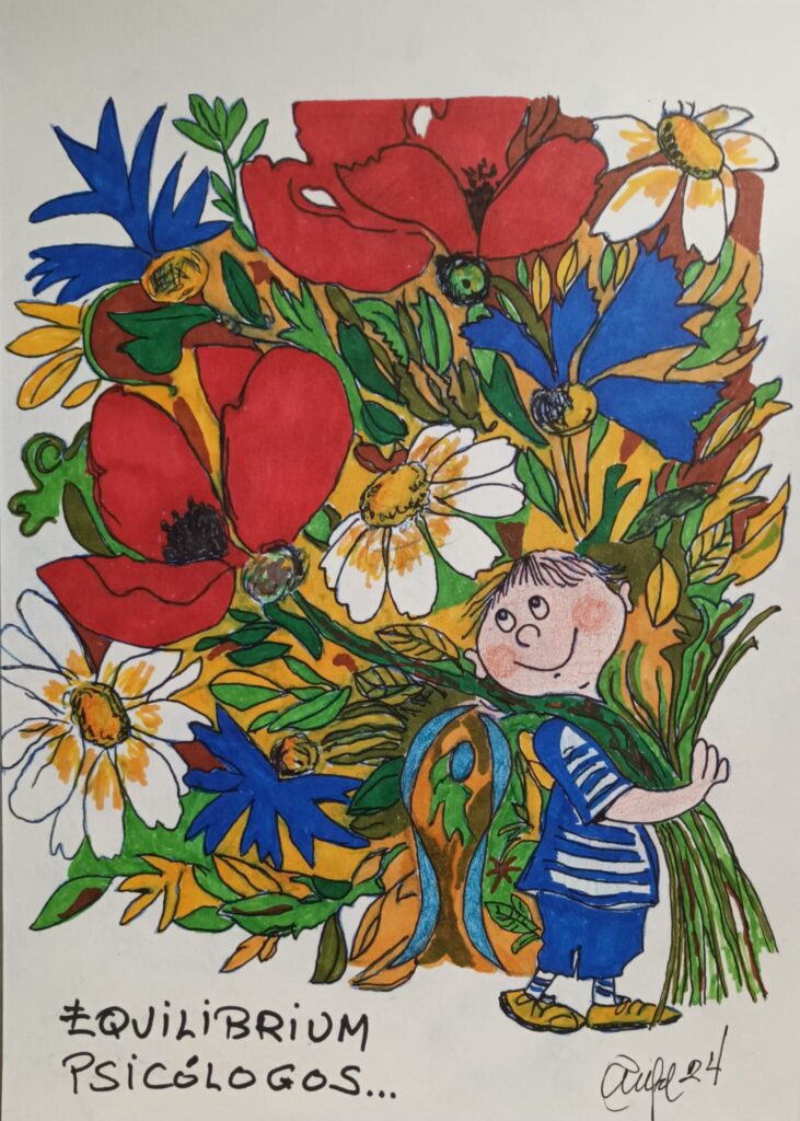 Dibujo muy alegre y colorido con un niño envuelto en flores 