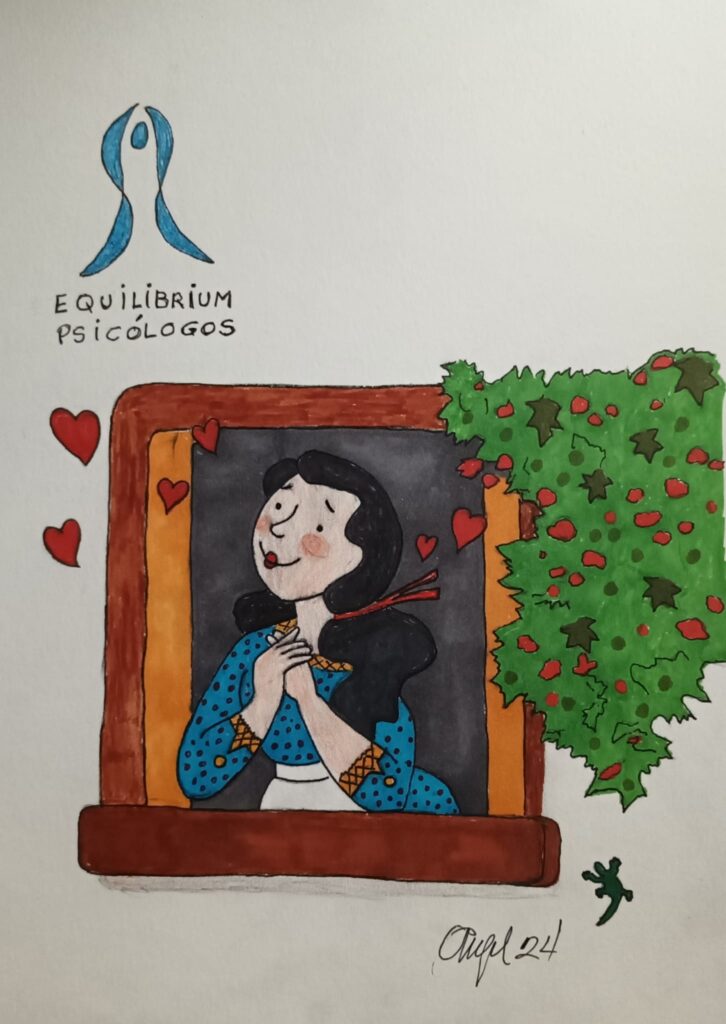 Dibujo de una mujer muy sonriente asomada a una ventana y mirando el logo de Equilibrium Psicólogos. Salen corazones rojos