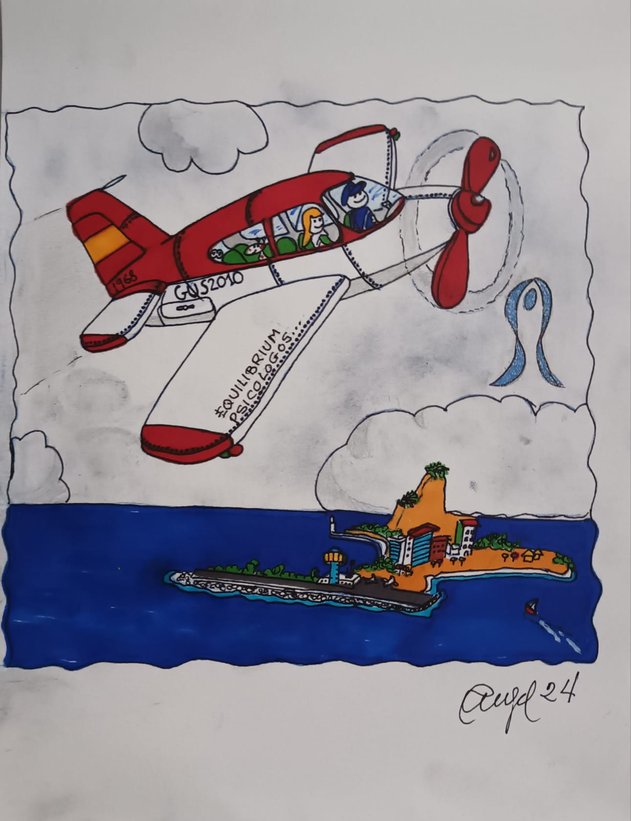 Dibujo de un avión. Dentro se encuentran los pilotos, una pasajera con sus perros. Abajo esta el mar y una isla. Aparece el icono de Equilibrium Psicólogos. Todos los pasajeros están felices