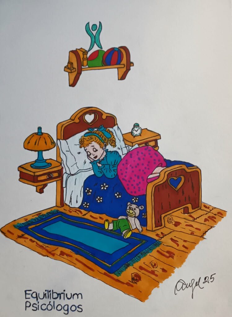 Una niña está durmiendo plácidamente en su cama. El dibujo tiene mucho color, ella se siente en paz