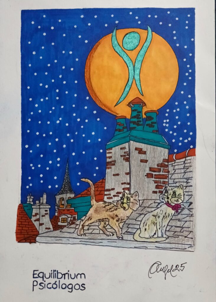 Una noche con un cielo estrellado azul. Se ven los tejados de los edificios y un par de gatos felices. Aparece luna llena y dentro el icono de Equilibrium Psicólogos 