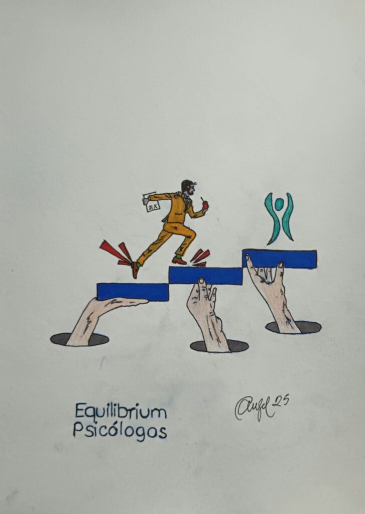 Un dibujo de un hombre escalando con ayuda de unas manos bajo el y el icono de Equilibrium Psicologos al final del camino