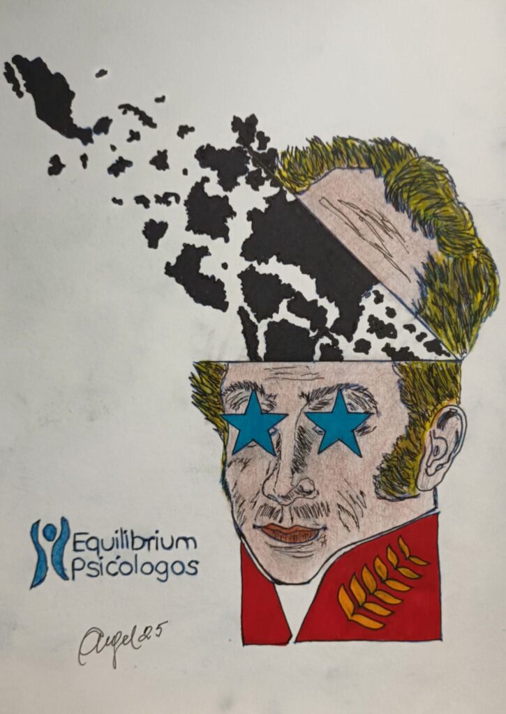 Dibujo de un hombre mostrando su cerebro co un masa negra. Logo Equilibrium Pscólogos
