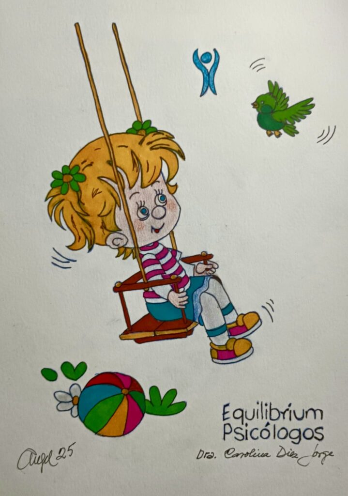 Una nińa feliz en un columpio con un pajarito y el logo de Equilibrium Psicólogos