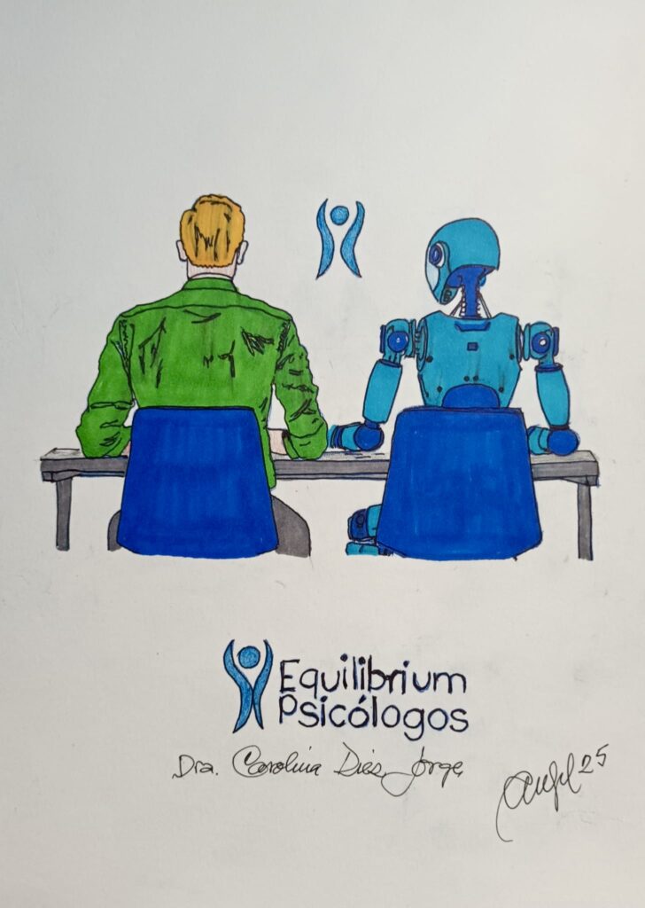Un dibujo de un hombre rubio y un robot de espaldas trabajando juntos. El logo de Equilibrium Psicologos está entre los dos 