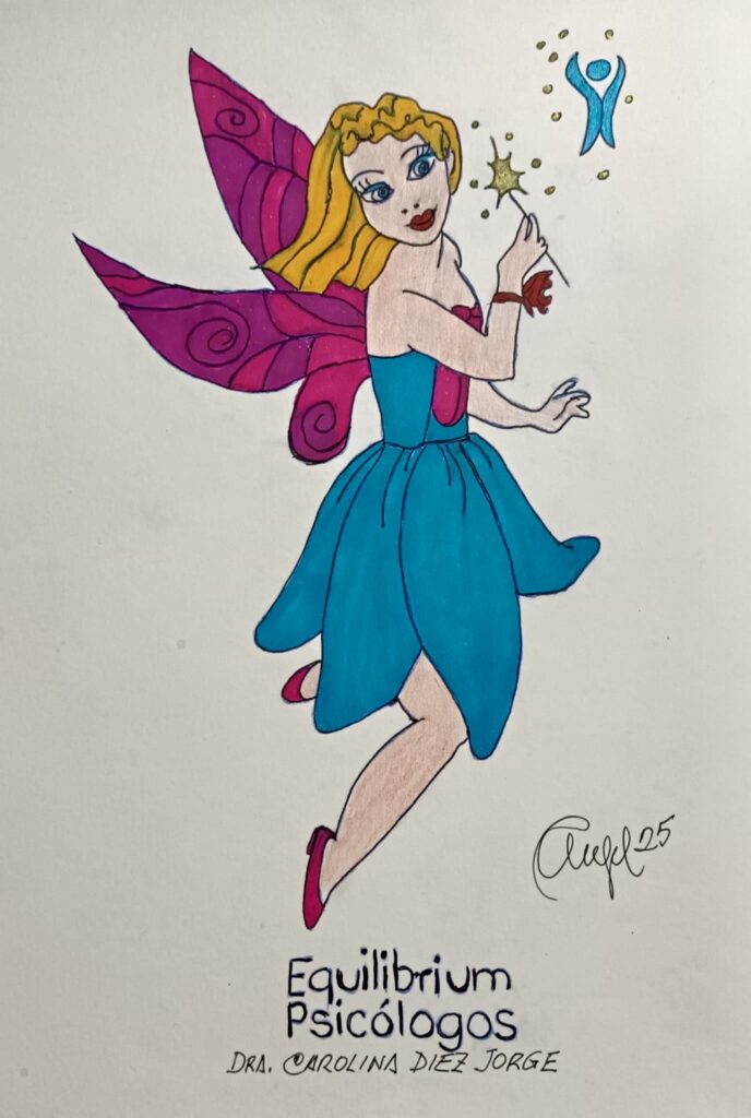 Un hada de color y dibujos con una varita mágica y el logo de Equilibrium Psicólogos