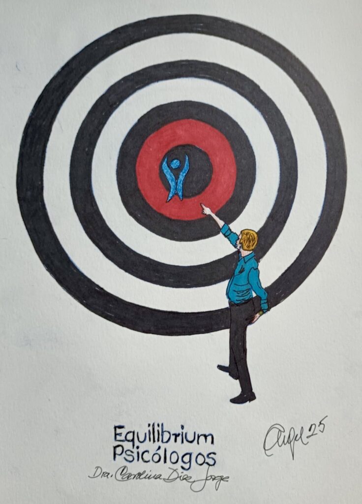 Un hombre mirando y señalando una diana. Dentro circulo rojo con logo Equilibiurm Psicólogos