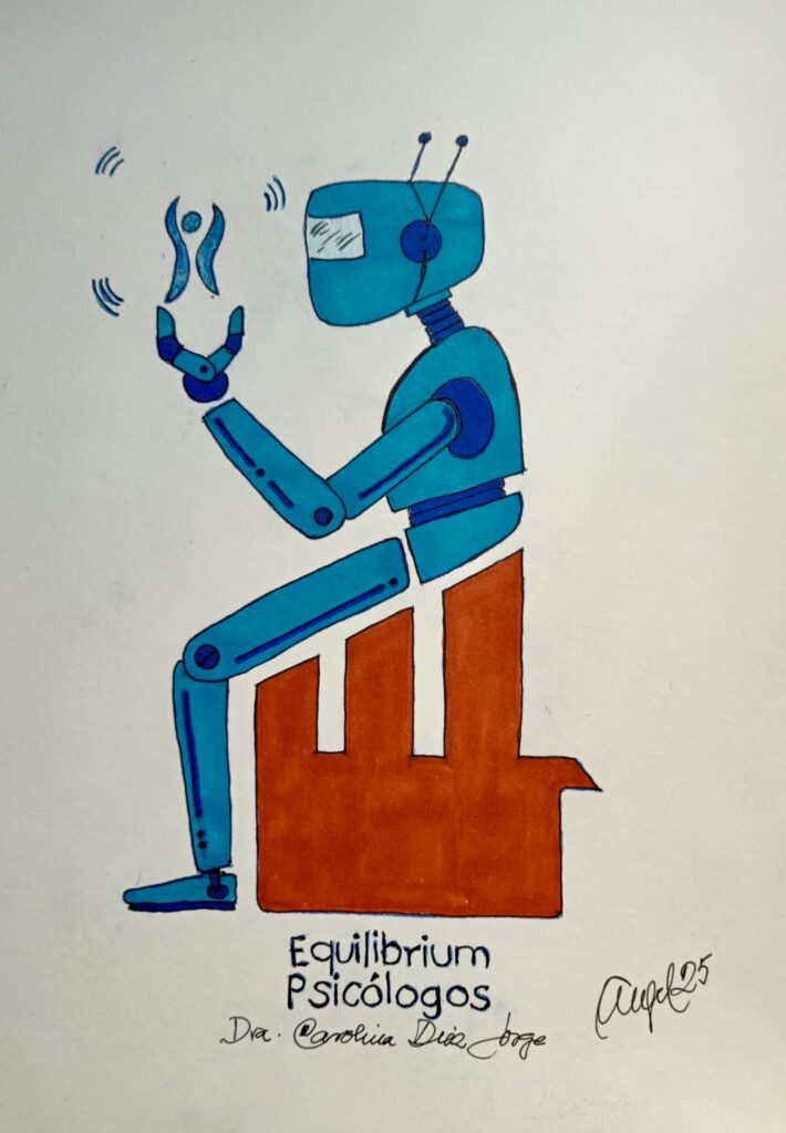 Robot contemplando el logo de Equilibrium Psicologos
