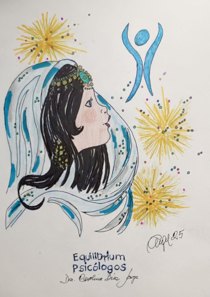 Dibujo de una mujer muy bella morena con un velo parecido al de la virgen llena de luz y mirando como la Gioconda con mirada enigmática el Logo de Equilibrium Psicólogos
