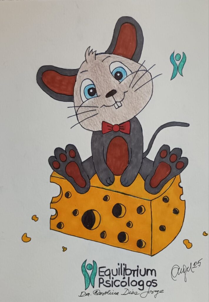 Dibujo de ratoncito sentado sobre un queso feliz después de haber comido conscientemente