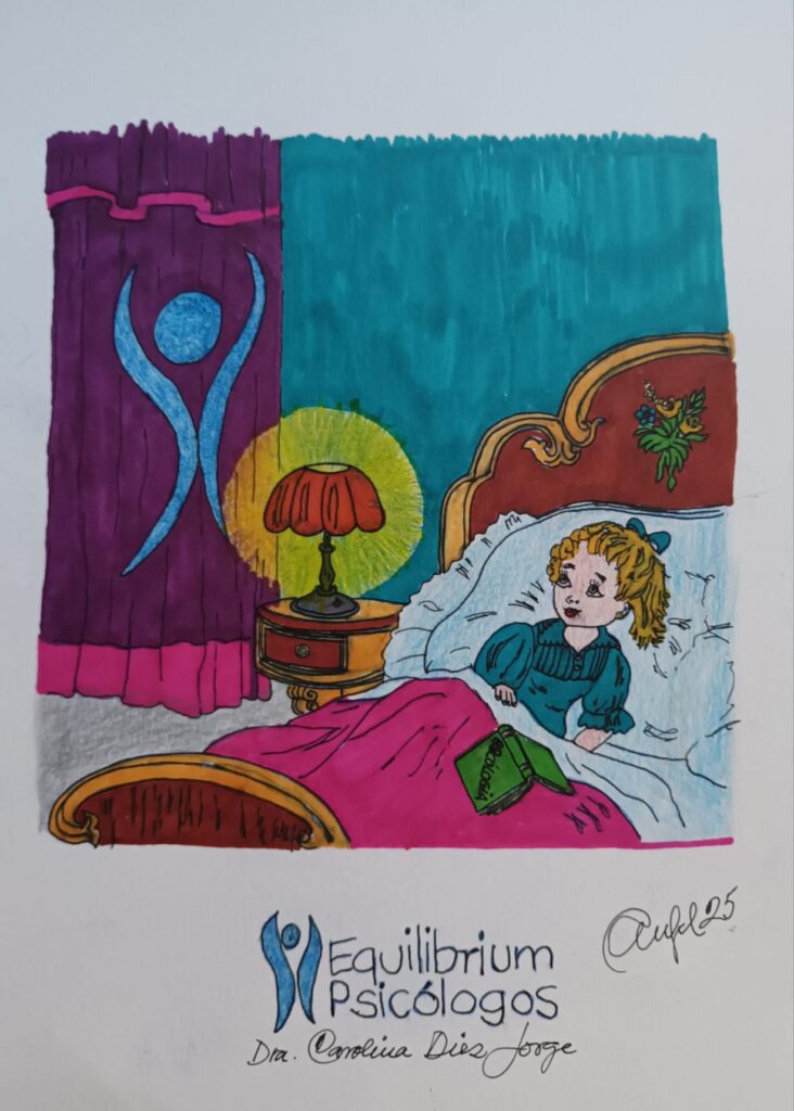 Dibujo de una niña en la cama feliz con una lamparilla que ilumina el Logo de Equilibrium Psicólogos