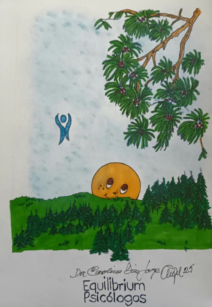 Un sol sonriente en un campo verde y el logo de Equilibrium Psicologos