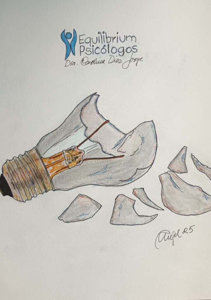 Una bombilla rota echa añicos con el logo Equilbrium Psicologos