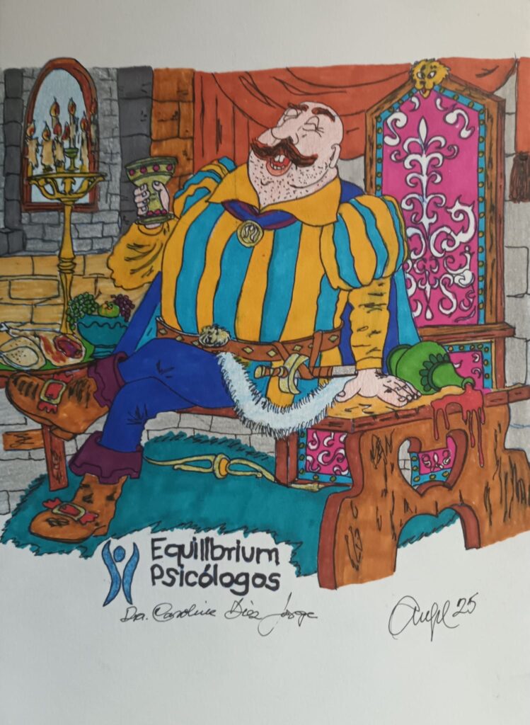 Dibujo en el que se ve un hombre sonriente, sentado en un sofa, tomándose su momento para disfrutar del instante y así, poder reflexionar sobre su vida.Mucho color y logo de Equiiibrium Psicolgoos