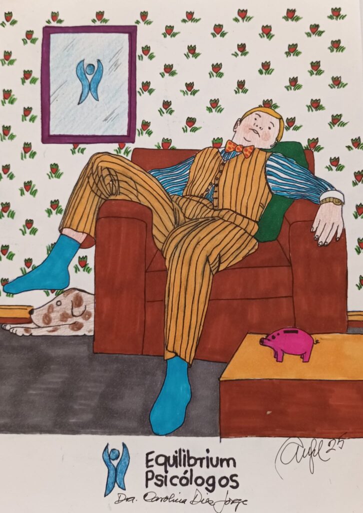 Hombre de dibujos durmiendo plácidamente en su sillón con el logo de equilibrium psicólogos. Mucho colorido en la imagen