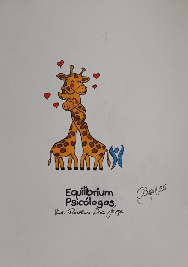 Dibujo de dos jirafas fundiéndose en un abrazo saliendo corazones. Equilibrium Psicólogos