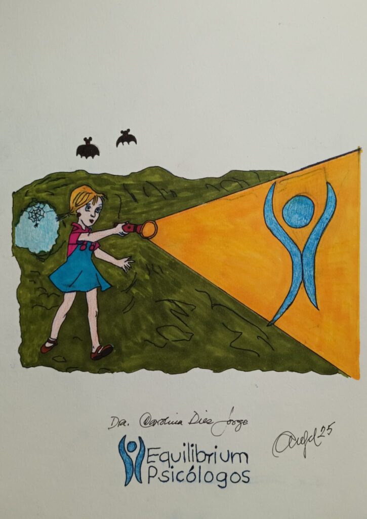 Dibujo de una niña alumbrando con una linterna la noche. En la luz está el logo de Equilibrium Psicólogos