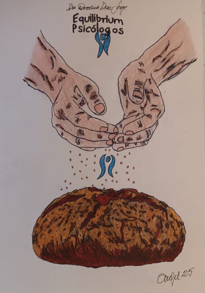 Dos manos en dibujos amasando pan con el logo de Equilibrium Psicólogos