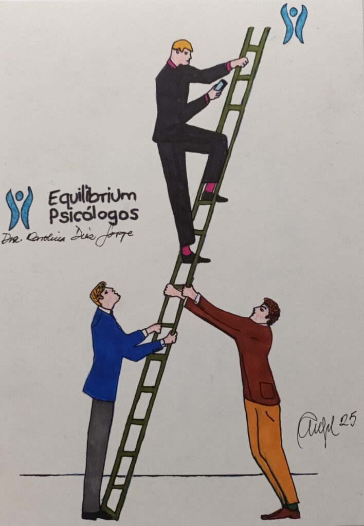Tres hombres en dibujos ayudándose para sujetar una escalera y llegar al equilibrio, dónde está el logo de Equilibrium Psicólogos