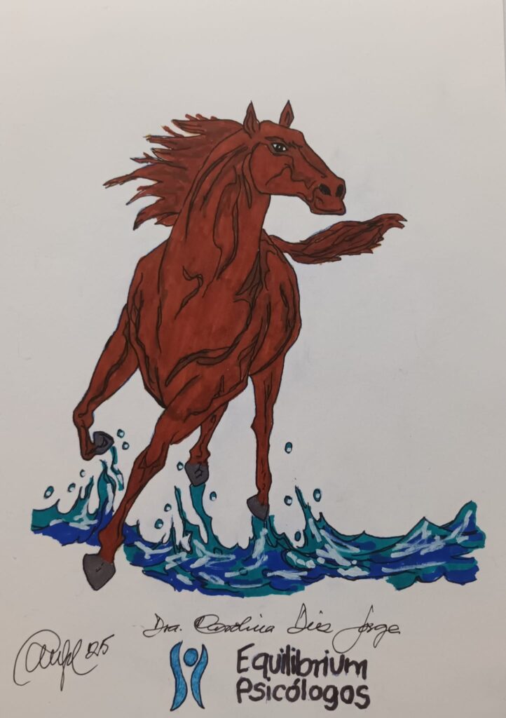 Dibujo de un caballo cabalgando sobre el aguo. Logo Equilibrium Psicólogos y Dr. Carolina Díez