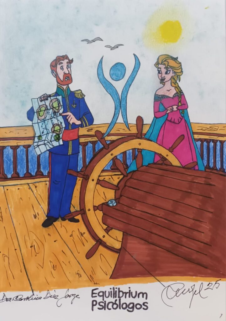 Dibujo de un capitán de barco con la rosa de los vientos, un mapa en su mano, mostrándoselo a una bella mujer rubia. Día soleado, y ambos transmitiendo calma. El logo de Equilibiurm Psicólogos en el cielo.