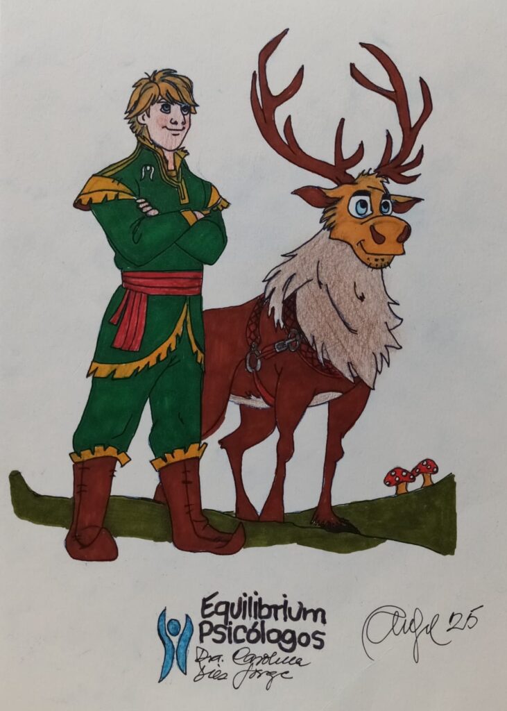 Un cazador al lado de un ciervo , ambos felices y en tono amistoso. Representa el poder, la libertad y seguridad. Echo en dibujo con mucho color . Aaparecre el logo de Equiilibrium Psicoogos