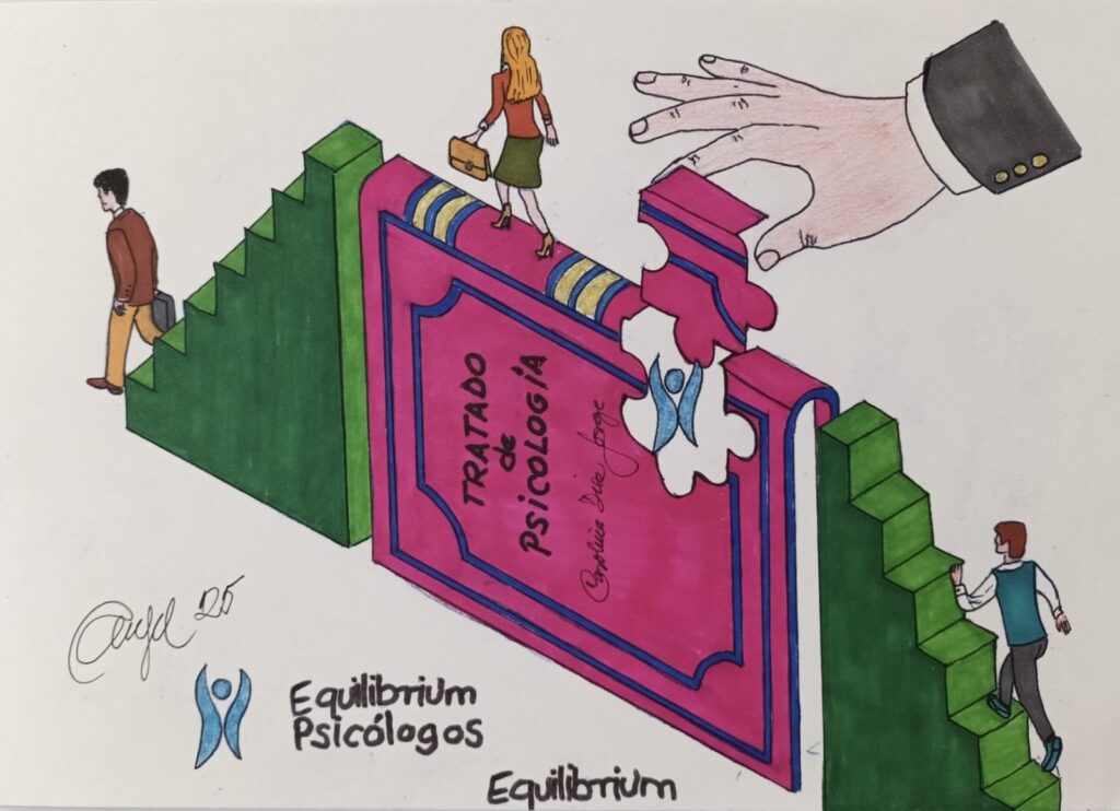 Dibujo de un libro de canto por el que caminan unos personajes felices. En una parte del libro, aparece un hueco con una piece de puzzle en una mano , dispuesta a ser colocada como pieza que falta. Todo con mucho color y logo de Equilibrum Psicólogos