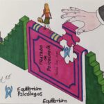Dibujo de un libro de canto por el que caminan unos personajes felices. En una parte del libro, aparece un hueco con una piece de puzzle en una mano , dispuesta a ser colocada como pieza que falta. Todo con mucho color y logo de Equilibrum Psicólogos