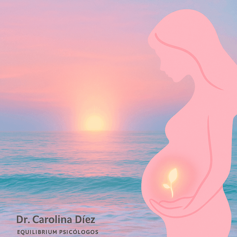 Dibujo de una mujer embarazada tocándose la tirita, con un fondo de océano en tonos pastel y rosas, logo Equilibrium Psicologos y Dr Carolina Diez