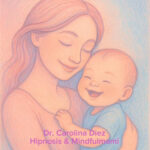 Dibujo de mamá con su bebé. En tonos pasteles, ambos sonrientes y proyectando luz y amor. Dr. Carolina Díez - Hipnosis & Mindfulmami