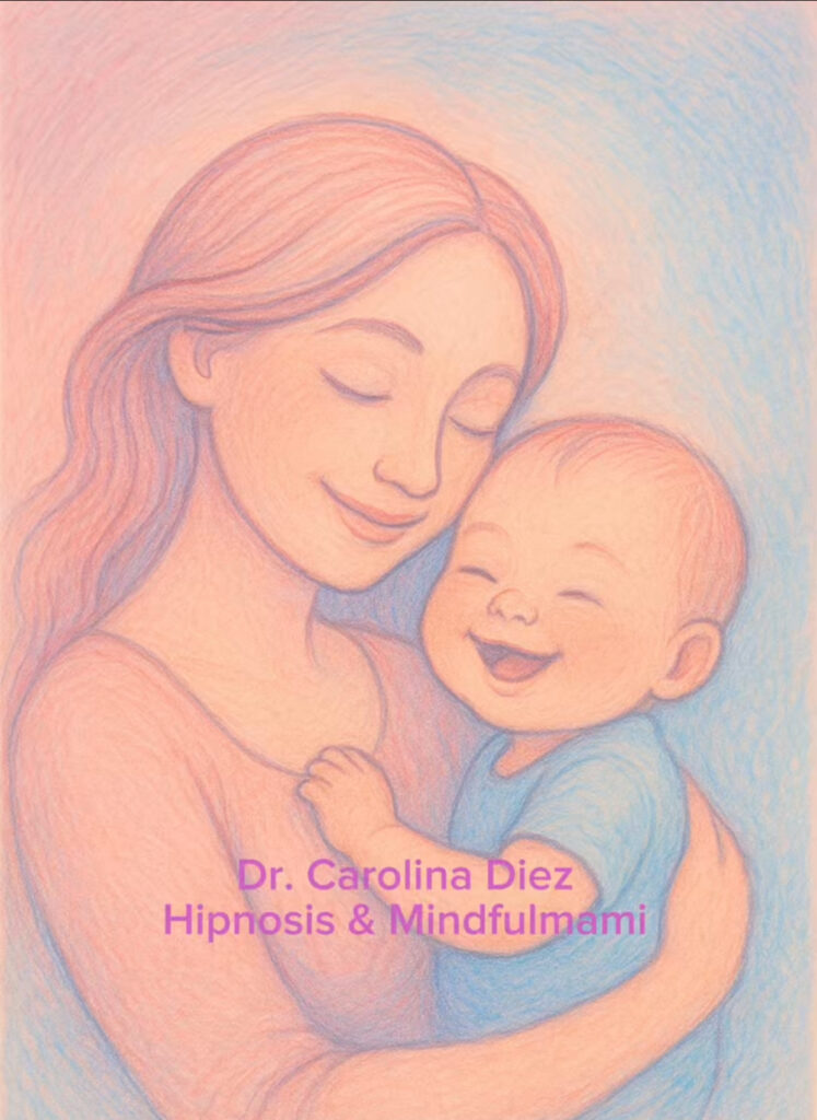 Dibujo de mamá con su bebé. En tonos pasteles, ambos sonrientes y proyectando luz y amor. Dr. Carolina Díez - Hipnosis & Mindfulmami