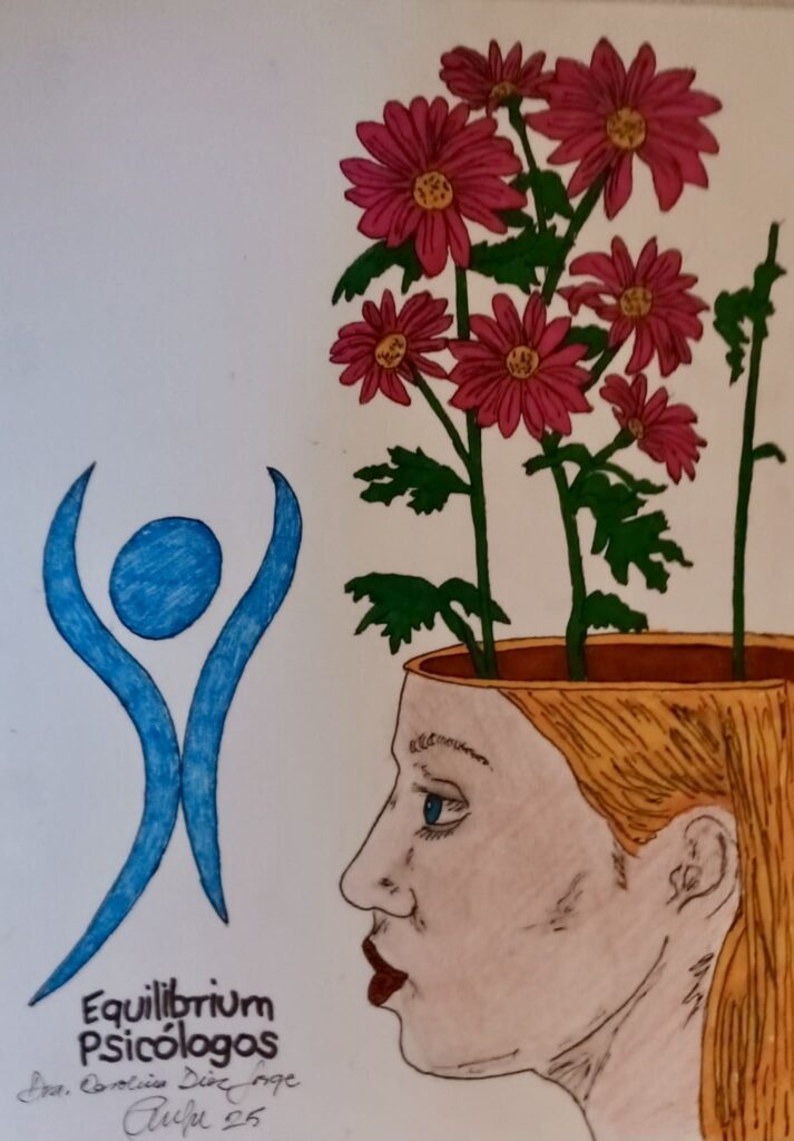 Dibujo de una cabeza de mujer que le salen flores y el logo de Equilibrium Psicólogos